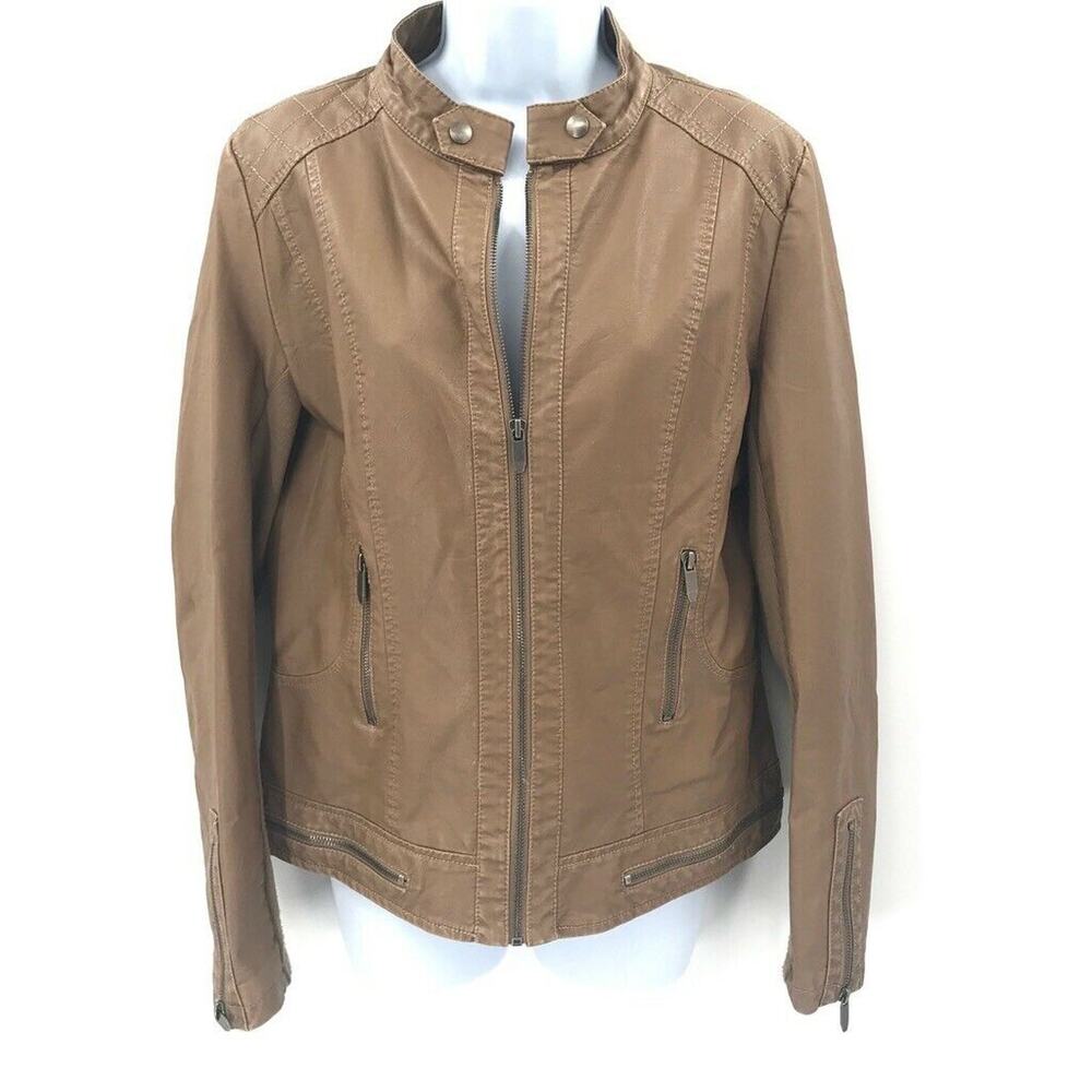 Coalition LA Womens Motorcycle Biker Jacket Faux Leather Tan Zip Up Pockets L
